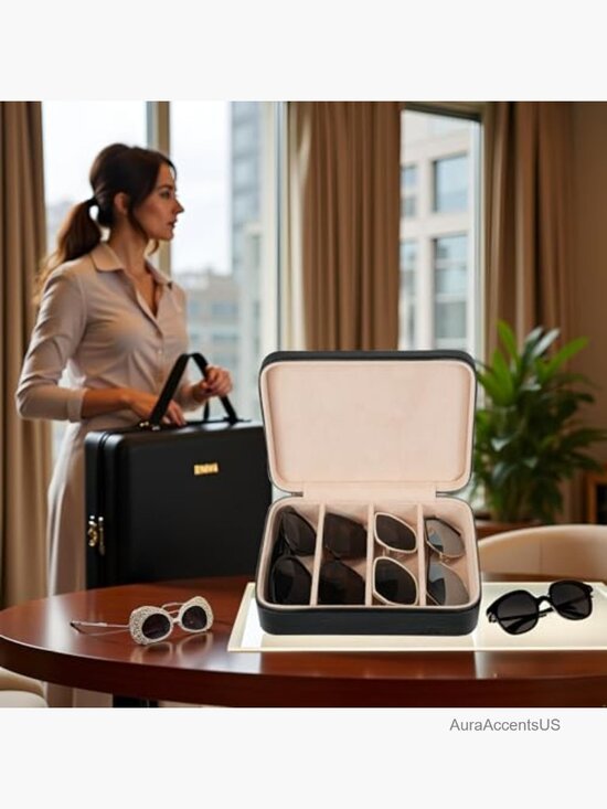 4-Slot Real Leather Sunglasses Travel Case Eyeglass Storage Box Organizer main image 6